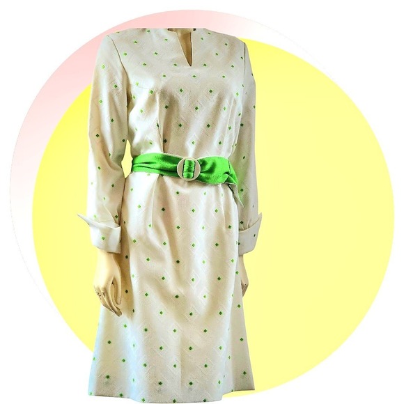 Vintage Mod White & Green Midi Dress Sz 12 W Belt New With‎ Tags - Picture 7 of 16